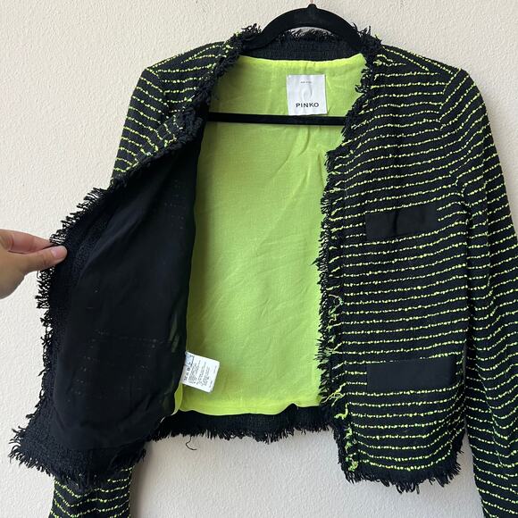 Pinko Black Neon Green Tweed Stripe Fringe Blazer Jacket Size US 4 - Picture 3 of 7